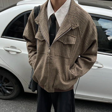Riolio Coffee American Retro Plaid Coat Gerharrington Stand Collar Jacket Korean Streetwear Vintage Old Vintage Style Zipper Jacket